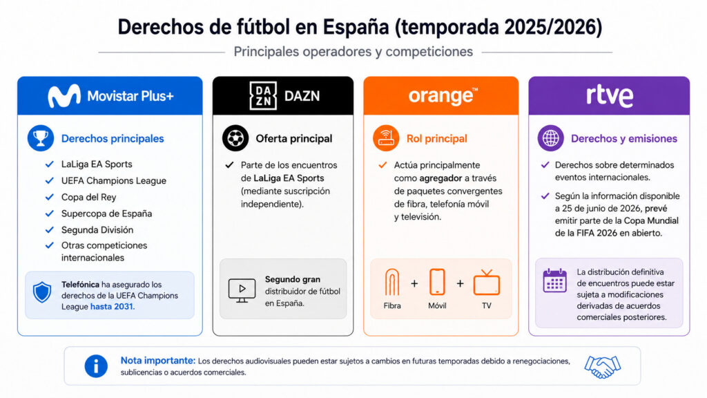 Infografía que resume el reparto de los principales derechos televisivos del fútbol en España durante la temporada 2025/2026 entre Movistar Plus+, DAZN, Orange y RTVE, indicando el papel de cada operador y las competiciones o servicios asociados.